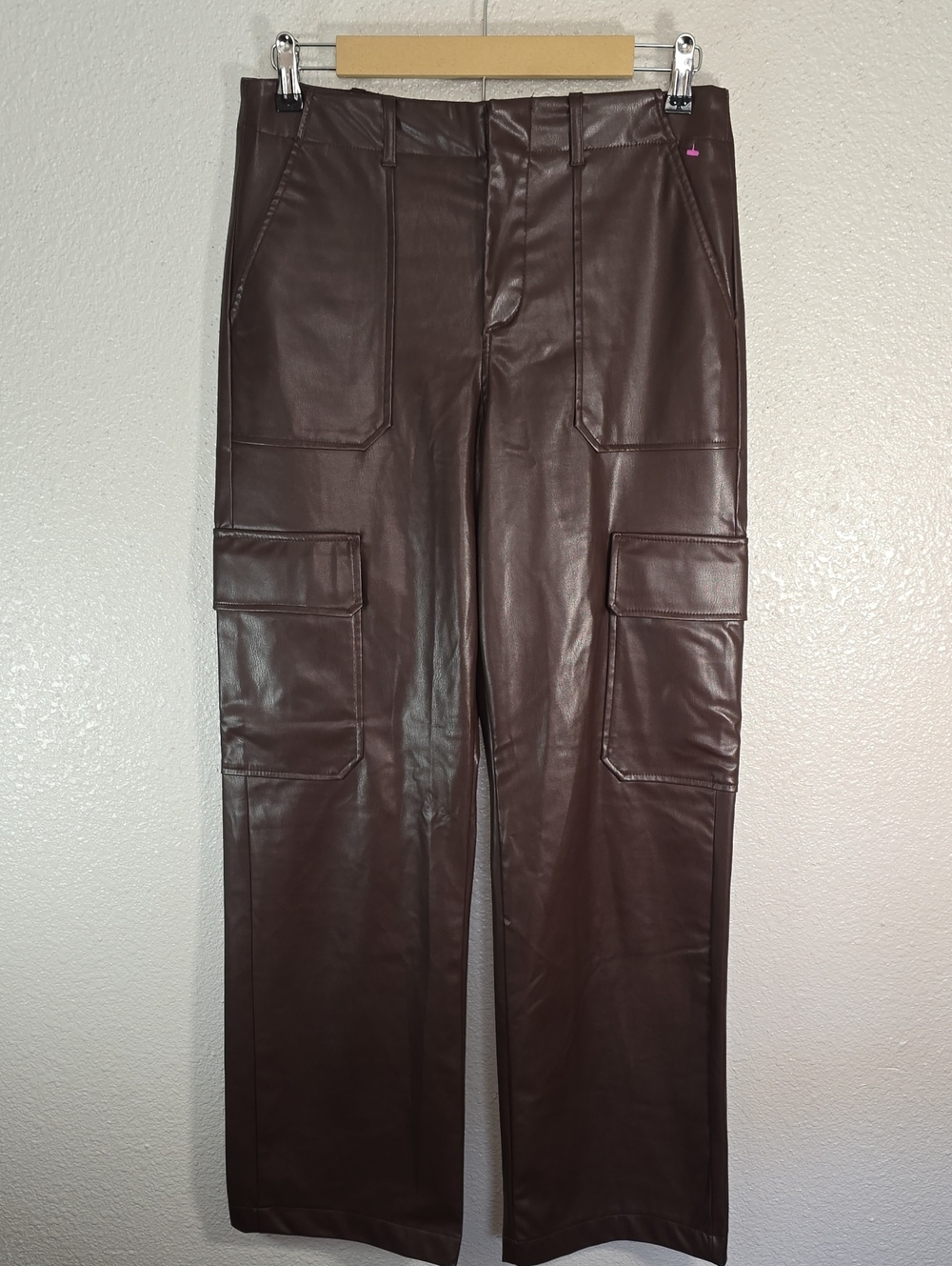 Zara Brown Faux Leather Cargo Pants with Patch Pockets